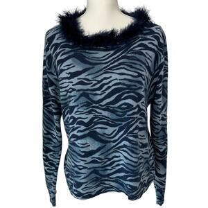 VTG Studio Collection Blue Zebra Print Sweater Feather Trim Removable Collar L